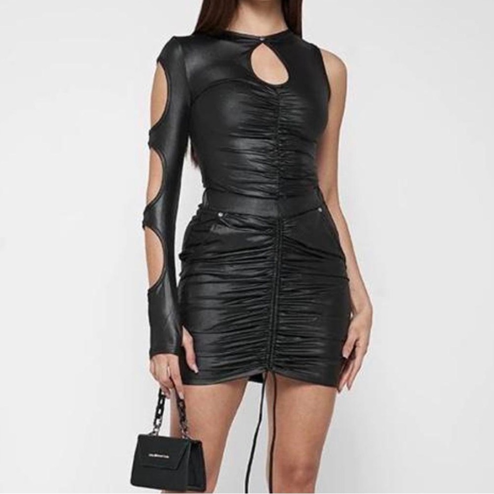 Maniere De Voir Black Asymmetric Cutout Ruched Faux-Leather Bodysuit